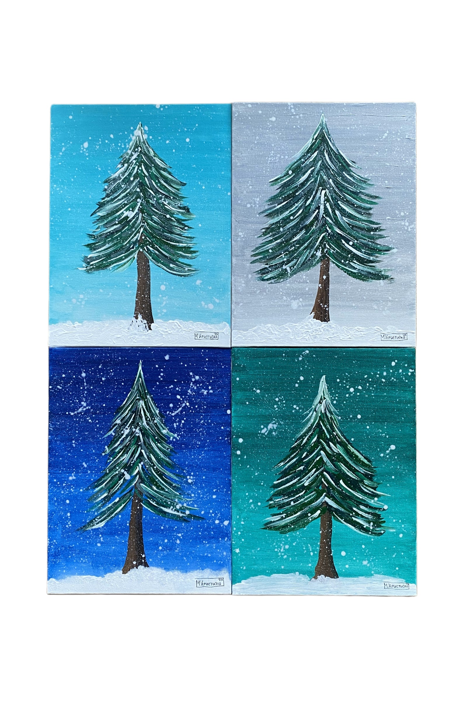 A set of four greeting cards depicting winter scenes with fir trees, each card has a different color background: one with a clear night sky, one with snow on the ground, one with a blue sky, and one with a green and white snowy tree.