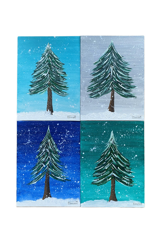 A set of four greeting cards depicting winter scenes with fir trees, each card has a different color background: one with a clear night sky, one with snow on the ground, one with a blue sky, and one with a green and white snowy tree.