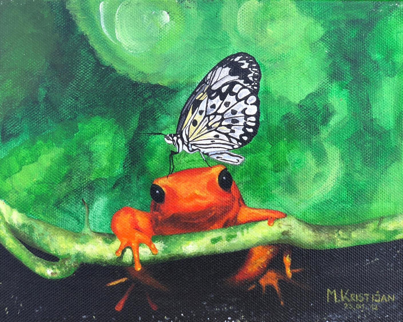 A painting of a red frog with a butterfly on its back, set against a green background that resembles foliage.