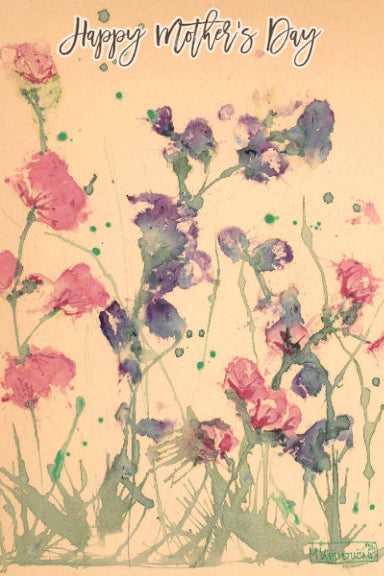 Floral design with 'Happy Mother's Day' text on a beige background, featuring the artist's signature.