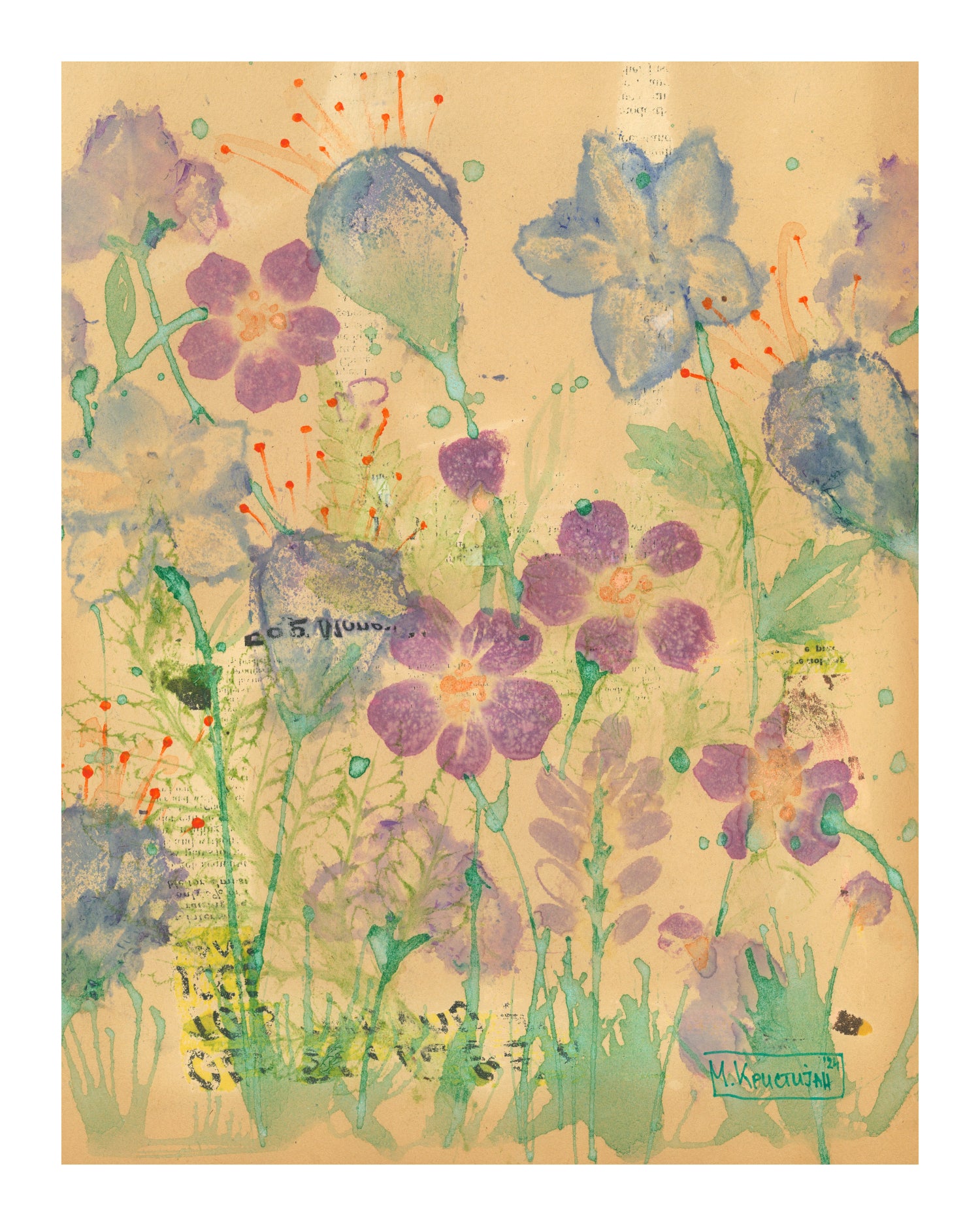 Artistic depiction of flowers on a textured beige background